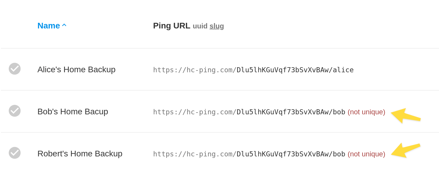 The checks list page showing a "duplicate slug" note